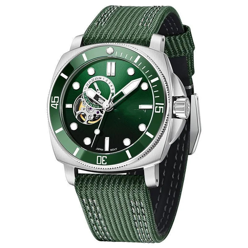 Fully automatic mechanical sports watch with black nylon leather strap, 43mm dial, night light, and calendar display