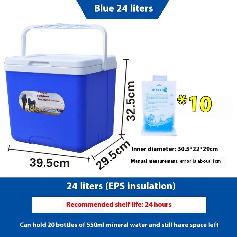Blue aluminium foil portable insulated cooler box with capacity size options for outdoor use.