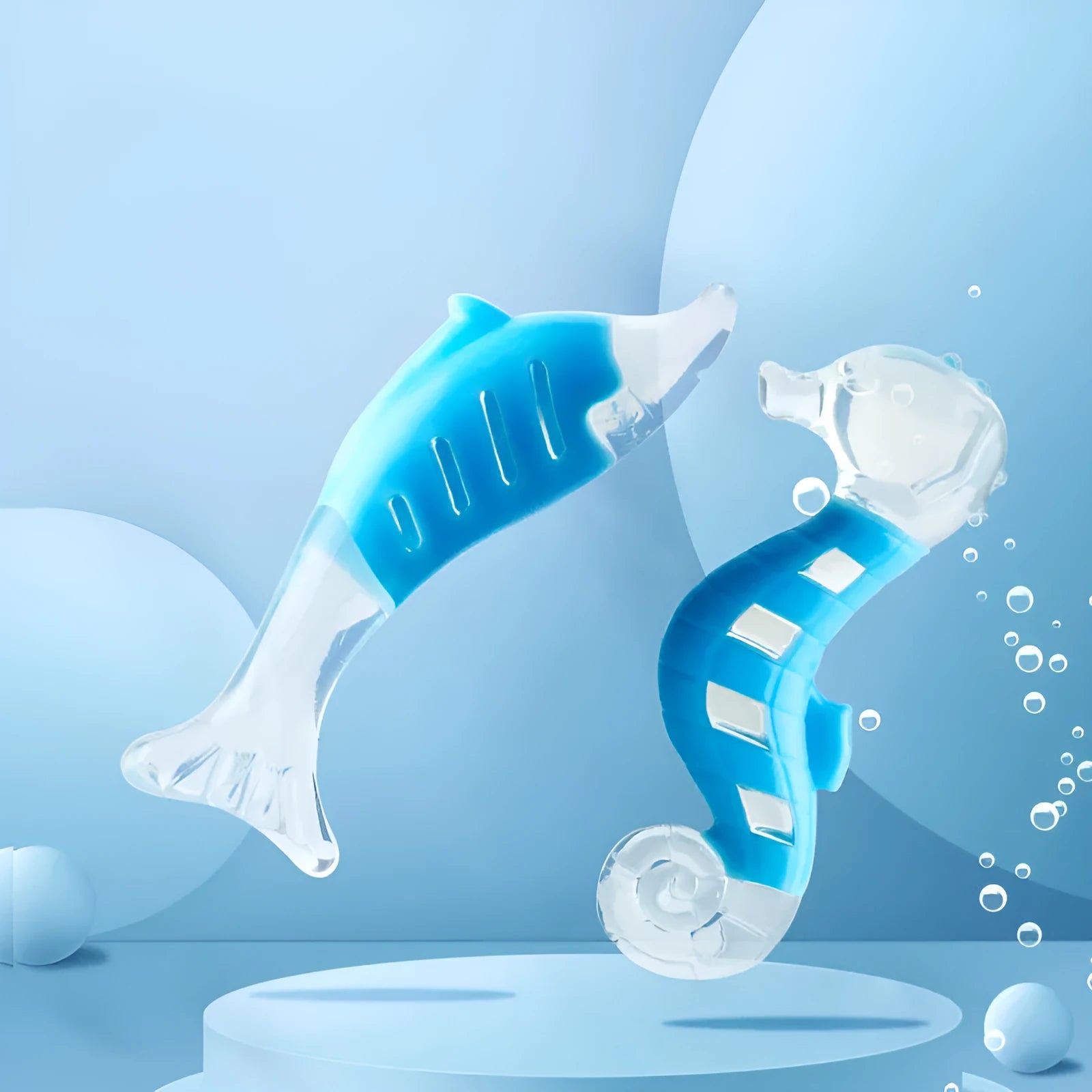 PU nylon dog chew toys showing seahorse and tuna fish designs in two-piece combination set