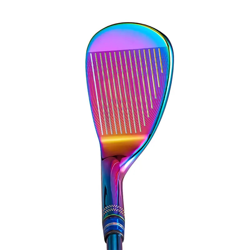Forged golf wedge with blue electroplated finish, CNC-machined groove pattern on striking face, natural rubber grip, 890mm length