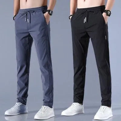 Men's drawstring trousers Korean version loose straight leg sweatpants in khaki colour on model