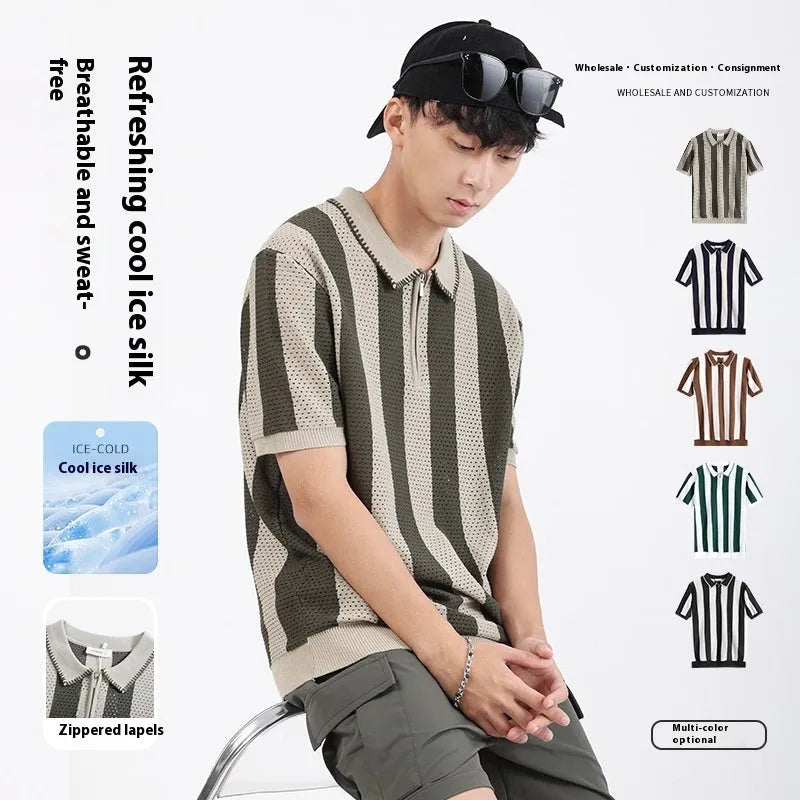 Men's short sleeve summer sweater in viscose with stripe pattern and zipper details