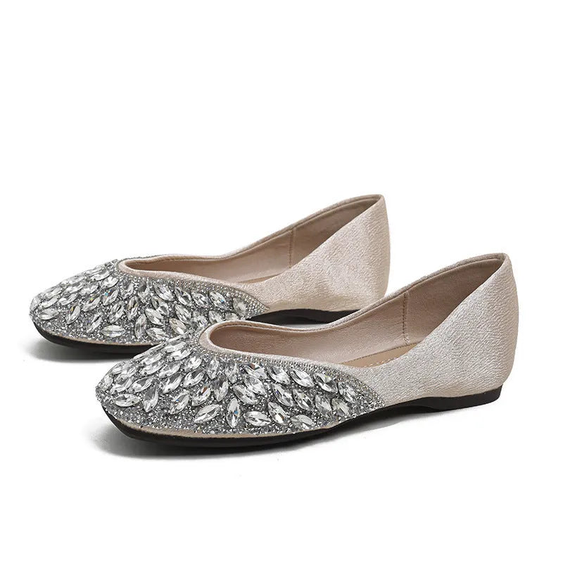 Flat bridesmaid shoes silver square toe satin with rhinestones and sequins