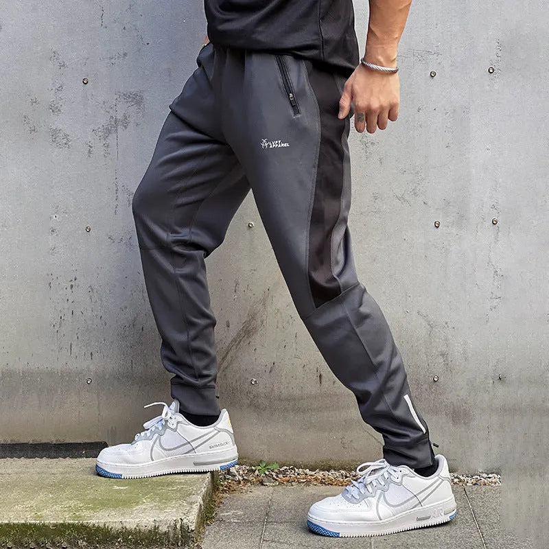 Stretch polyester sweatpants with zip pockets in deep gray, panel design, Asian sizing M-XXL