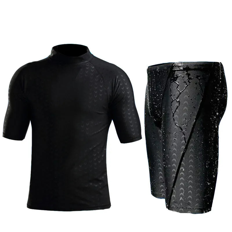 Men's black leopard print quick-dry swimsuit set with short-sleeved top and split shorts on beach