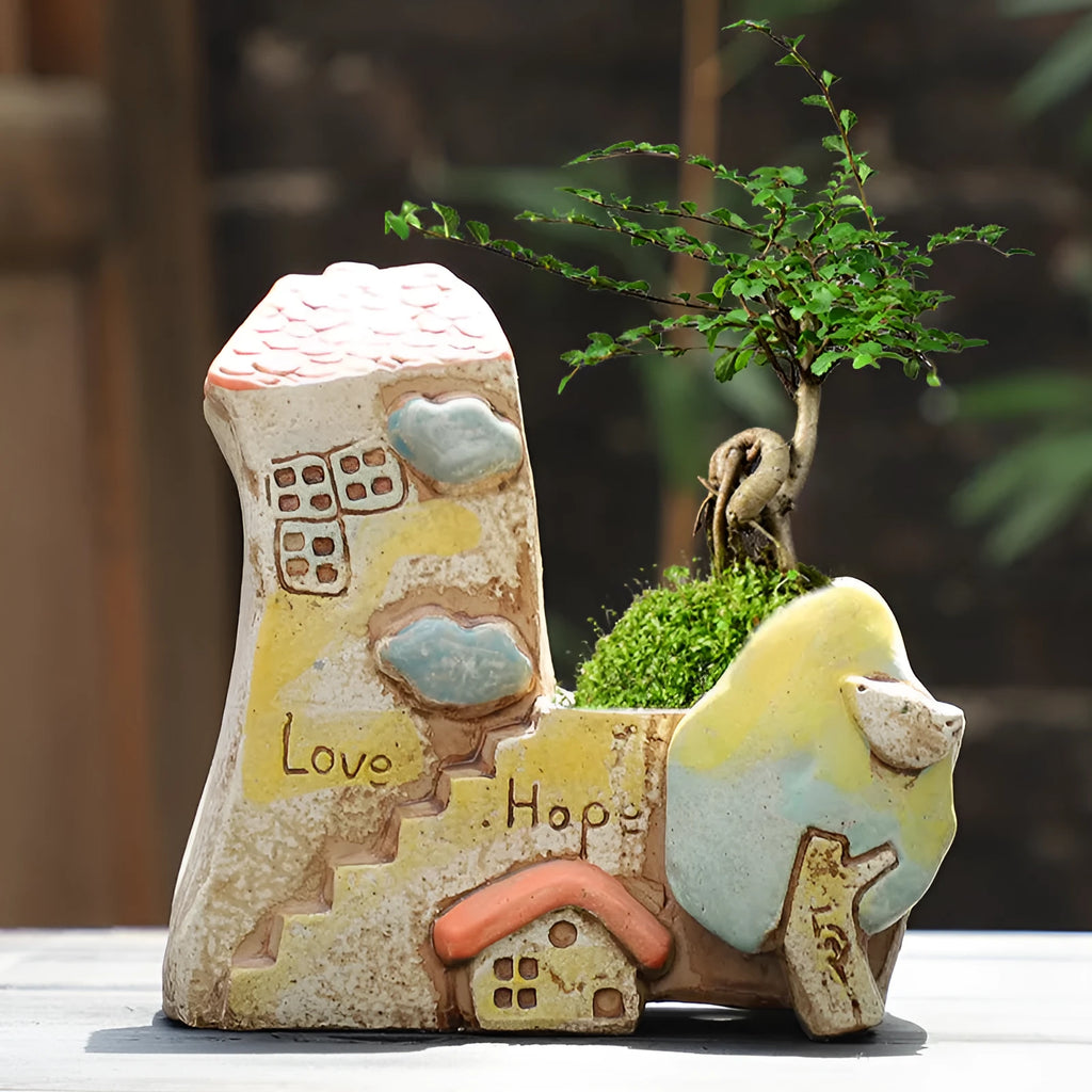 Hand-painted ceramic flowerpot with cute pastoral design for succulent plants