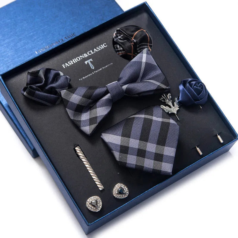 Men's 8-piece rayon jacquard bow tie set, heart shape arrow style, monochrome pattern, 146cm length