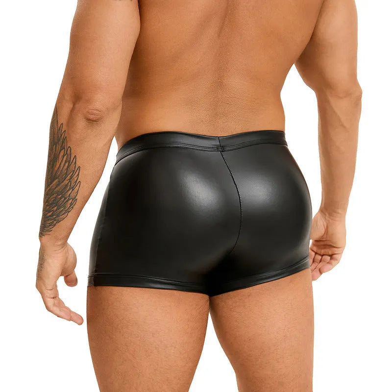Black PU leather men's boxer shorts with U pouch design on size chart