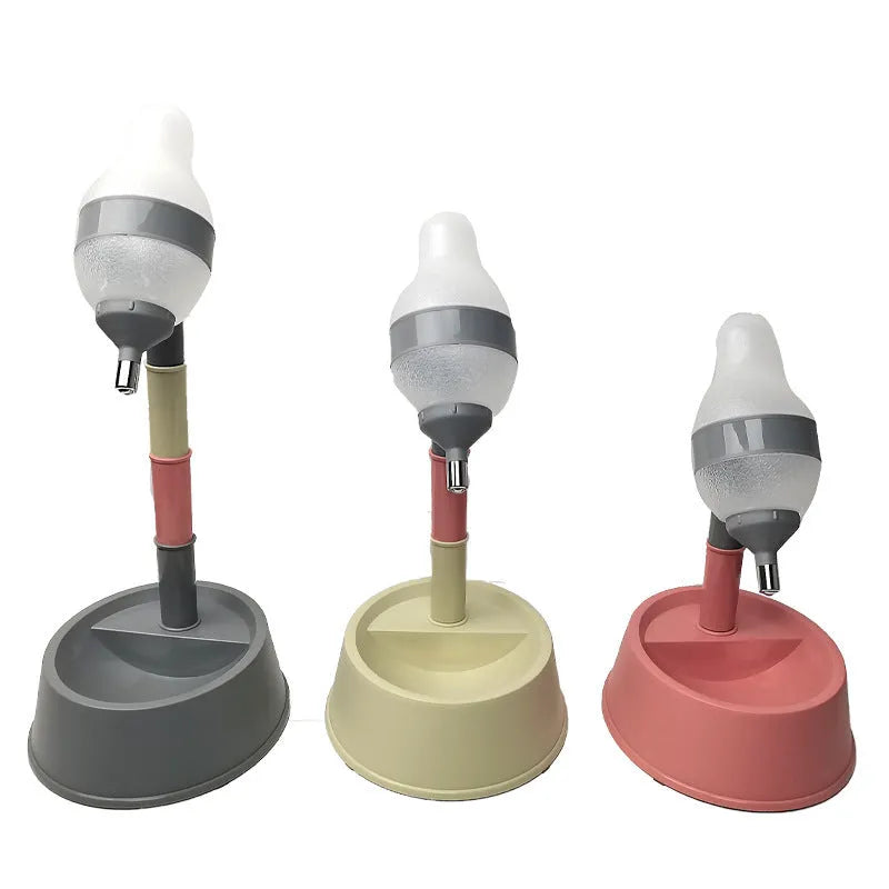 Green adjustable pet standing water dispenser with detachable pole and bowl on a grey floor.
