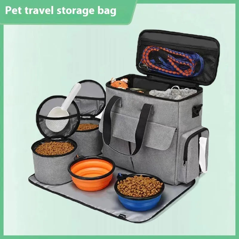 Grey dog travel backpack made of Oxford cloth with removable divider and training bag