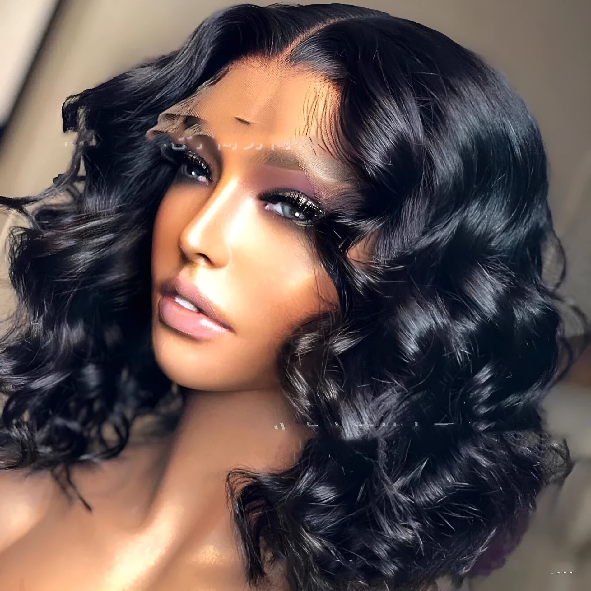 Half-length black front lace short curly hair wig on a mannequin head, 16 inches with long bangs