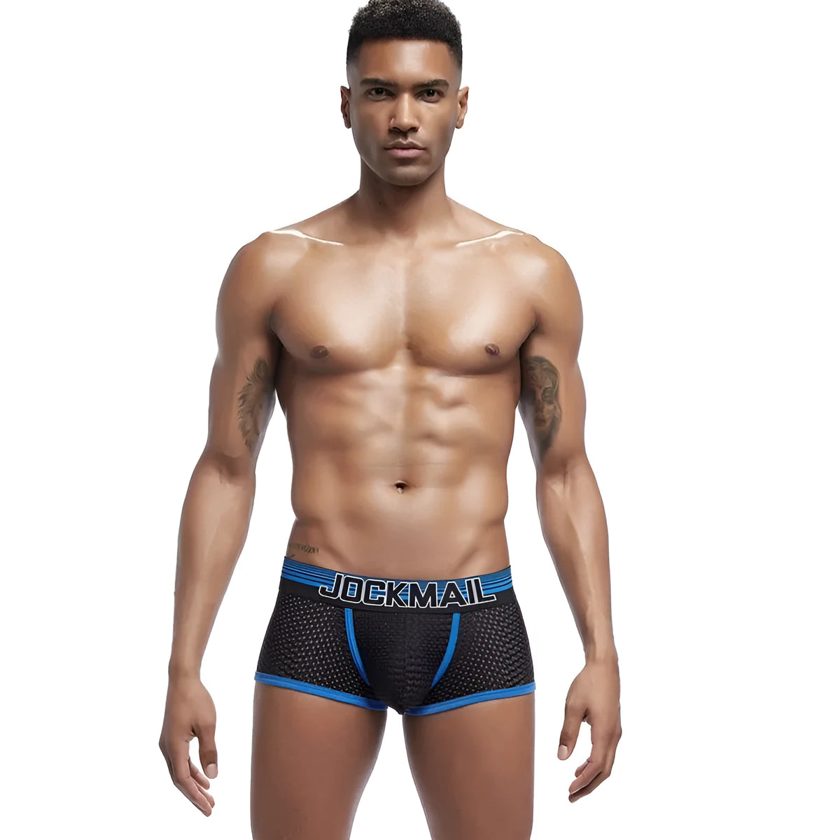 Men's breathable mesh boxer underwear in blue, green, red, yellow, sizes M-XXL, nylon shaping design