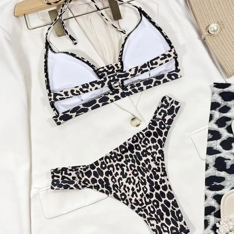 Leopard print high waist two-piece bikini set with polyester outer and lining, sizes S M L