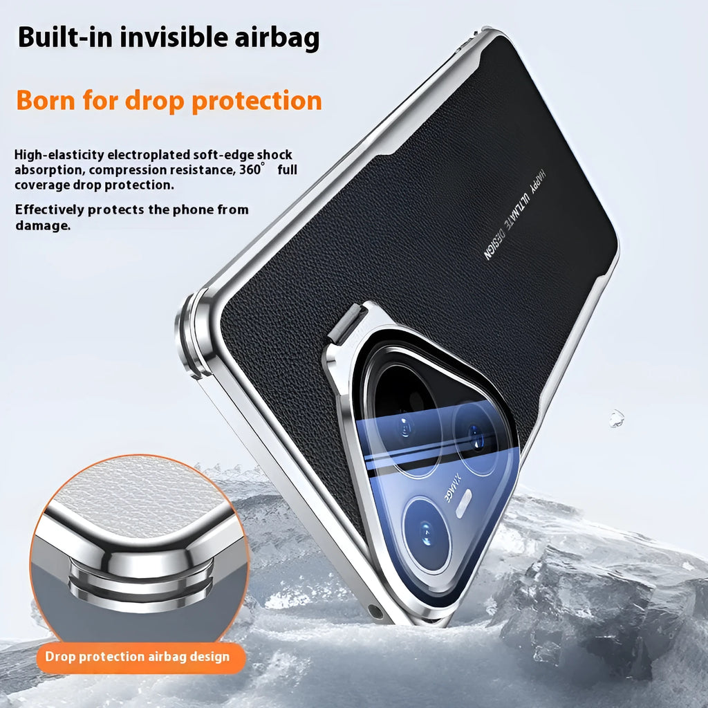 Leather Huawei phone case in black showing integrated metal stand deployed.
