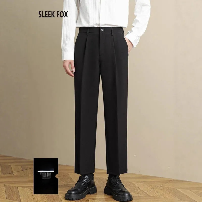 Men's polyester straight suit pants in black, draped style with straight leg, size range S to 8XL
