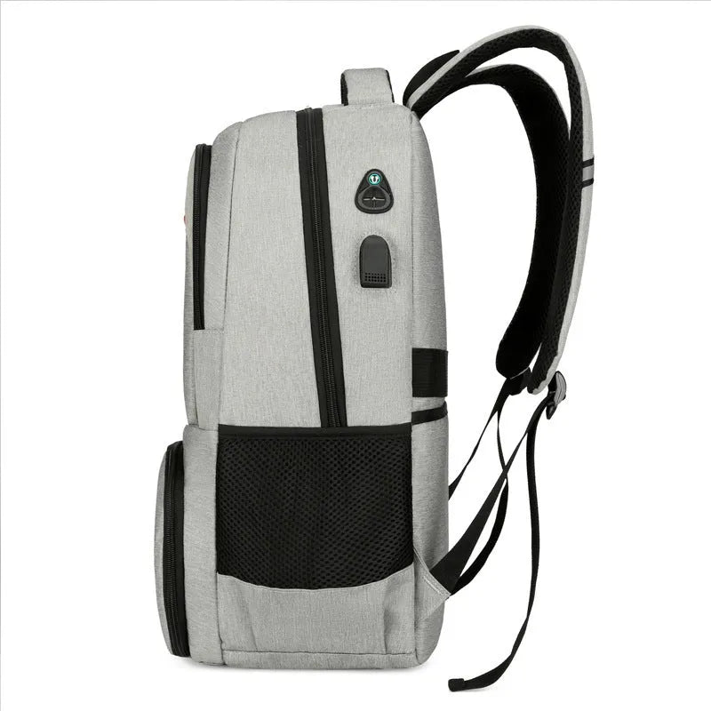 Oxford cloth insulated backpack with curved shoulder straps shown in light grey colour with dry-wet separation compartments visible
