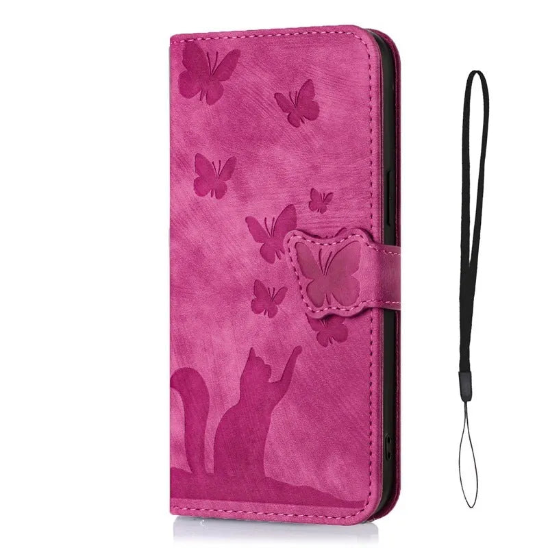 Butterfly cat embossed imitation leather phone case in purple with magnetic bracket for iPhone 14