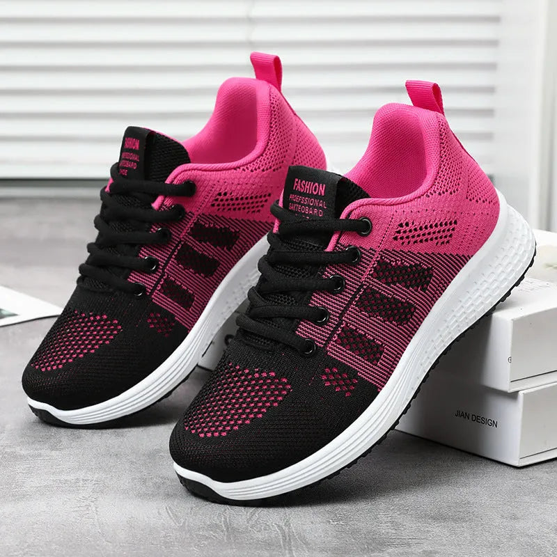 Women's Flyknit running shoes in black, rose red, or gray pink with a soft sole and flat heel.