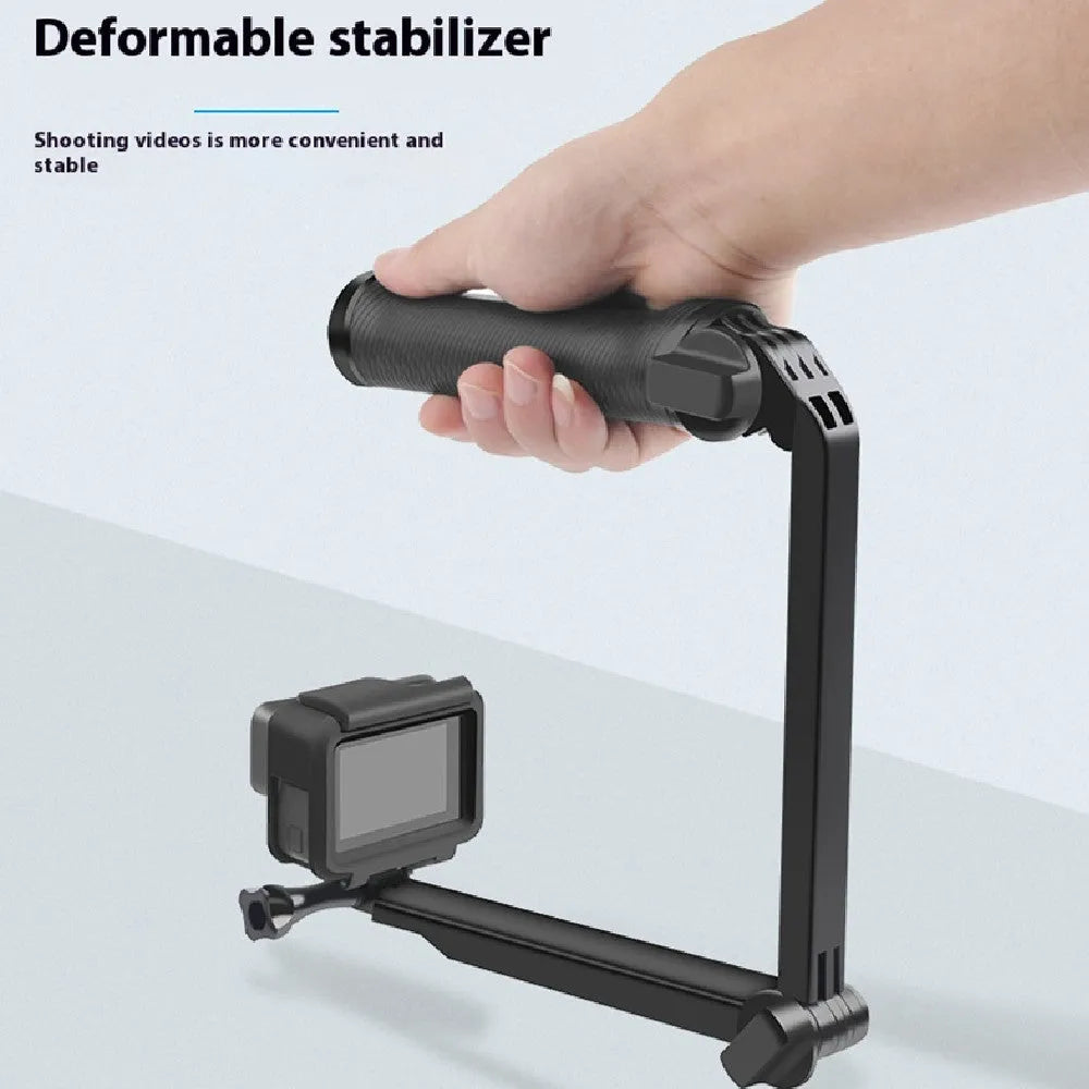 Black portable folding tripod bracket for GoPro Hero action cameras on a flat surface.