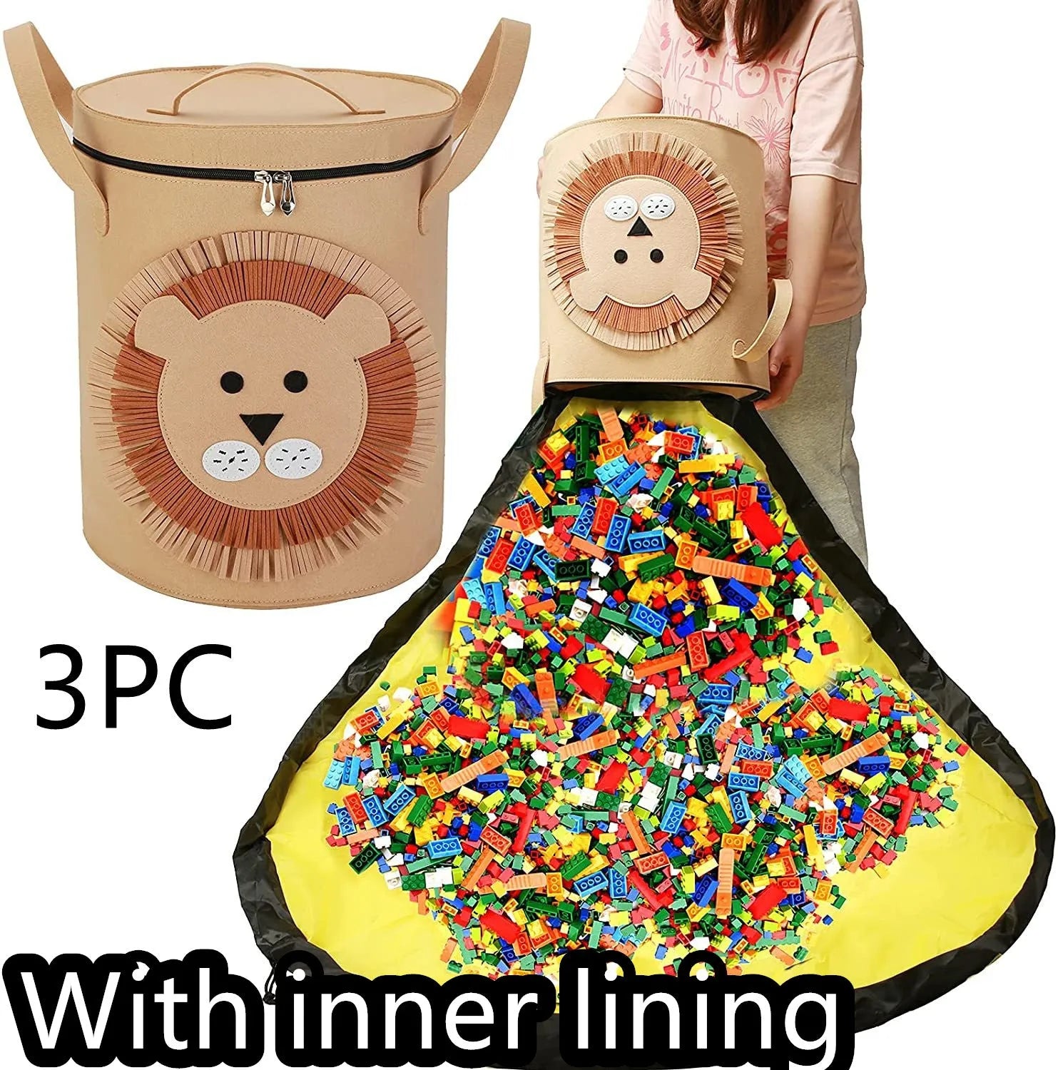 Green felt cube storage bag with pull rope closure shown as toy play mat