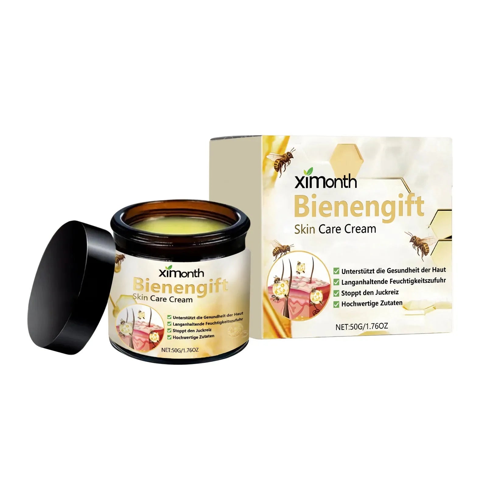 50g jar of bee venom herbal moisturising cream for body and neck skin.