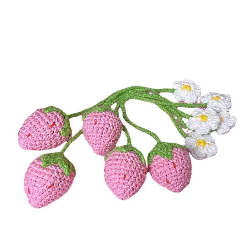 Handmade wool crochet strawberry pendant necklace with red fruit charm on 35cm cord