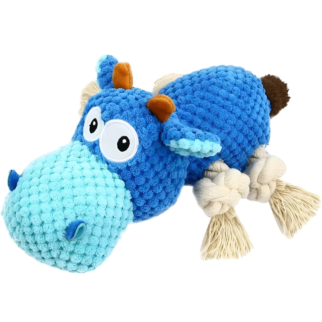 Blue plush dog toy for aggressive chewers with reinforced seams and squeaker