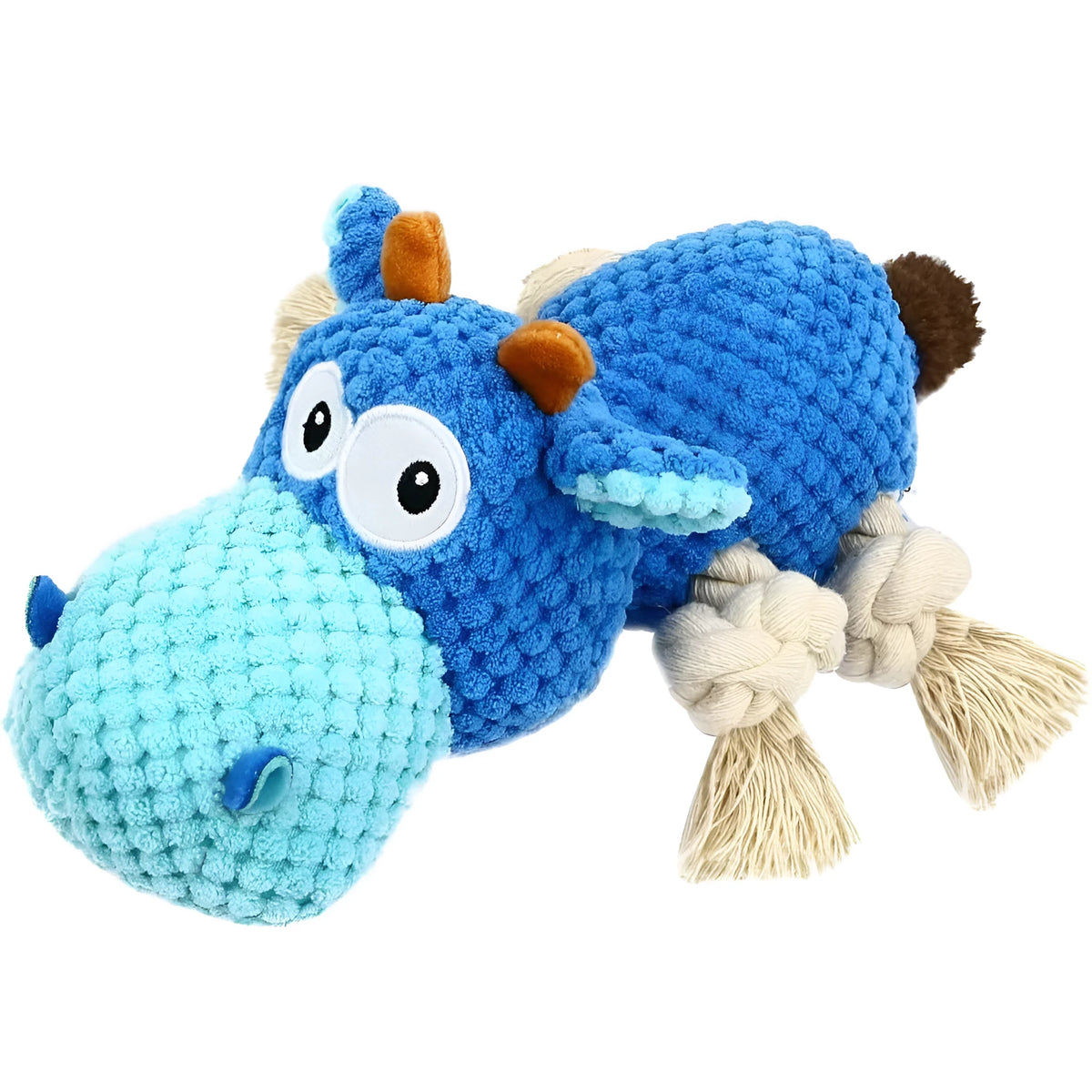 Blue plush dog toy for aggressive chewers with reinforced seams and squeaker