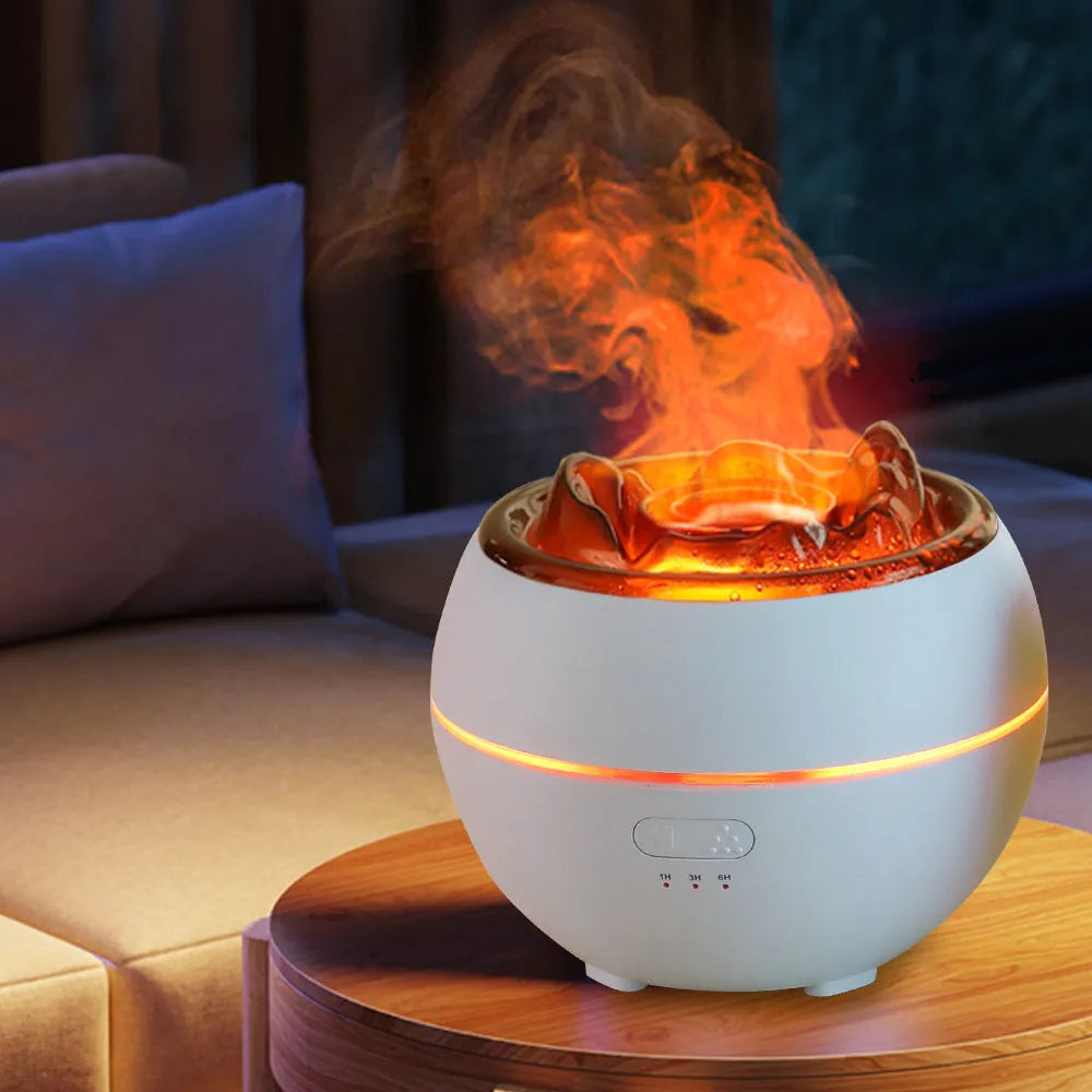 White round flame aroma diffuser humidifier with timer settings on a desk.
