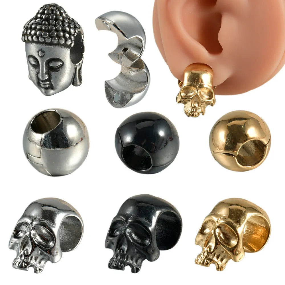 Stainless steel hollow skull Buddha earring in a geometry shape, shown in one of four colour options.