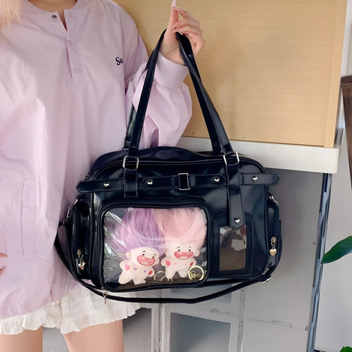 Bow college style JK girl uniform hand-carrying doll bag in black with free tie plate