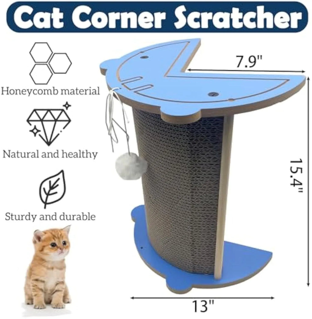 Cat corner scratcher cardboard with hanging ball, placed in a corner, vertical design for kitty scratching and play.