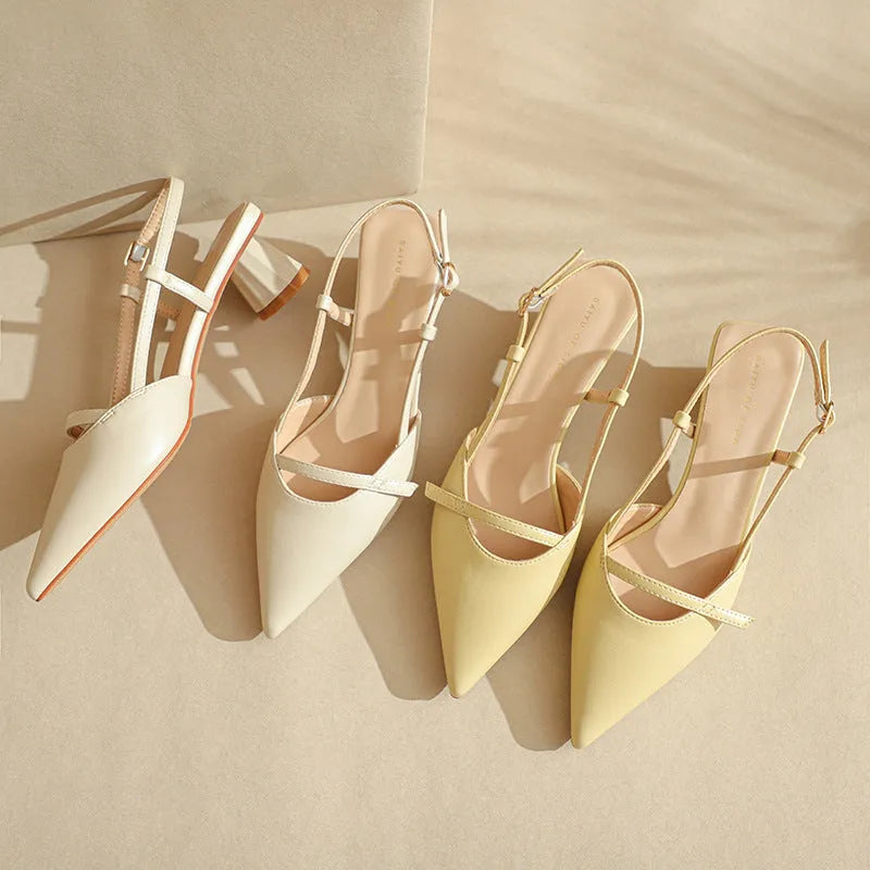 Women's chunky heel pointed sandals in beige with leather-look stitching and rubber sole