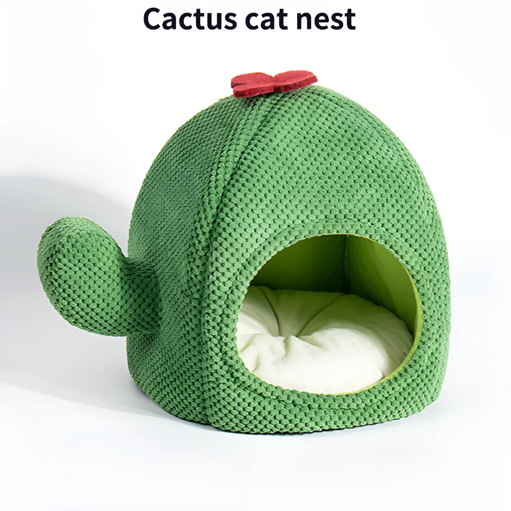 Dark green cactus-themed enclosed pet bed with removable cushion for cats and small dogs