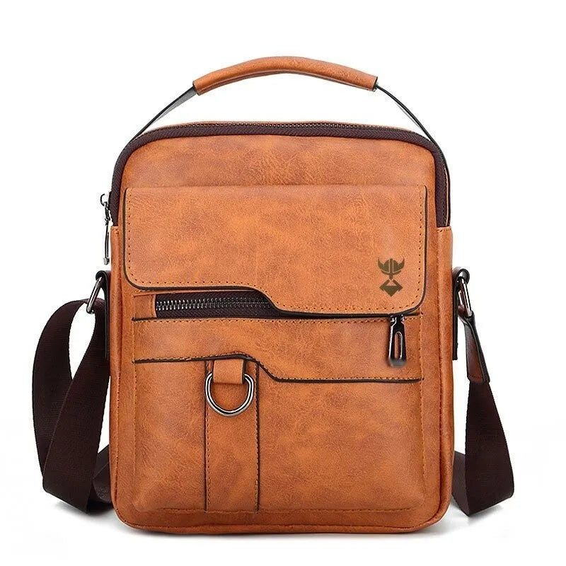 Khaki PU leather men's shoulder bag with single strap, shown with zipper open revealing internal pockets.
