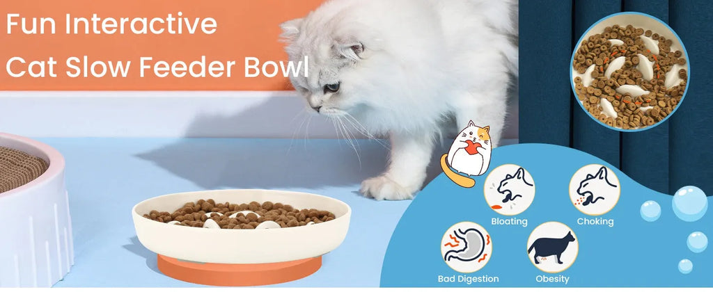 Pink whale-shaped cat slow feeding bowl with raised edge and non-slip base on a floor