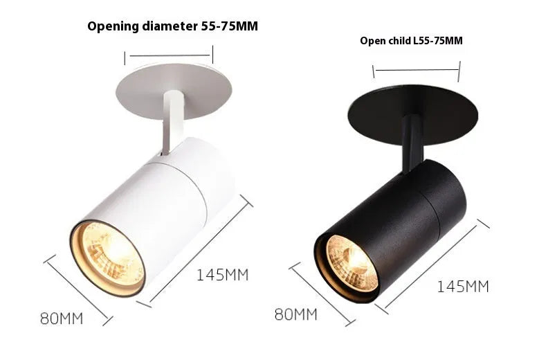 Black and white aluminium cylinder track spotlight for 55-75mm hole installation.
