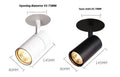 Black and white aluminium cylinder track spotlight for 55-75mm hole installation.
