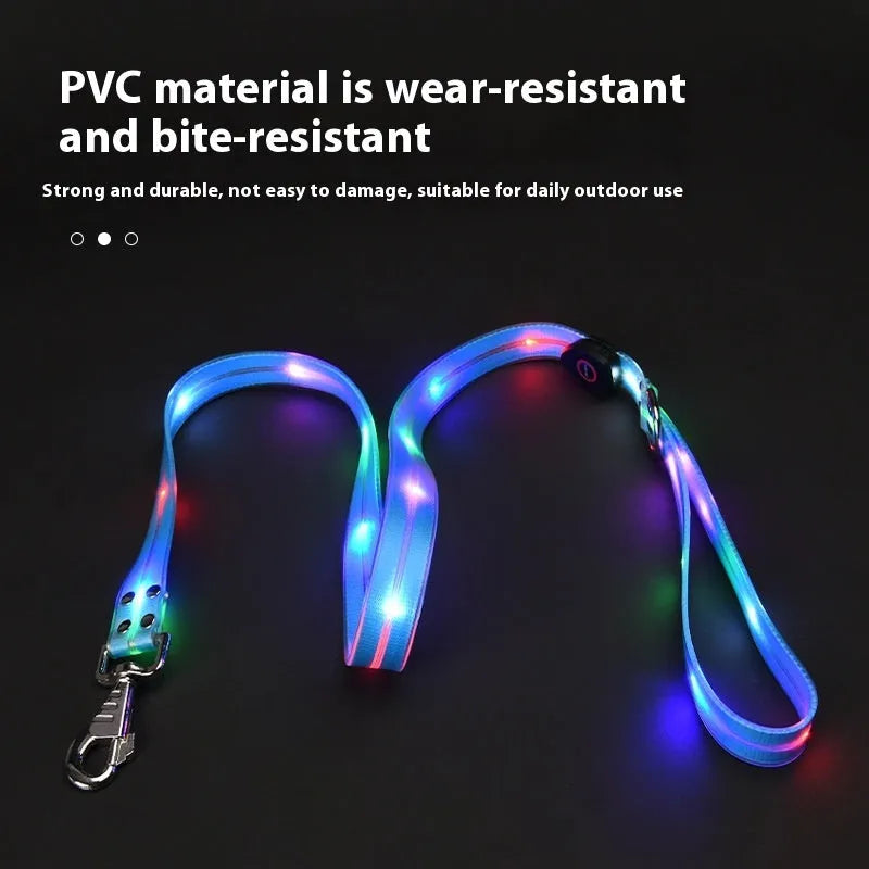 LED light-emitting pet collar and hand holding rope set in orange and black colours for night walking