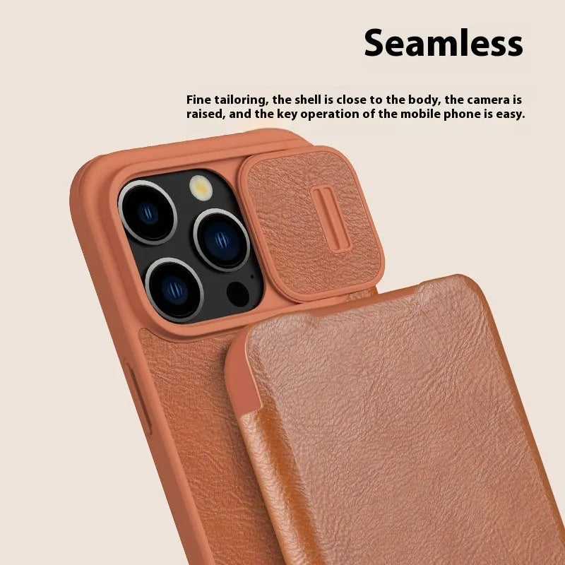 iPhone 15 Pro Max imitation leather flip wallet case in black showing front cover closed.
