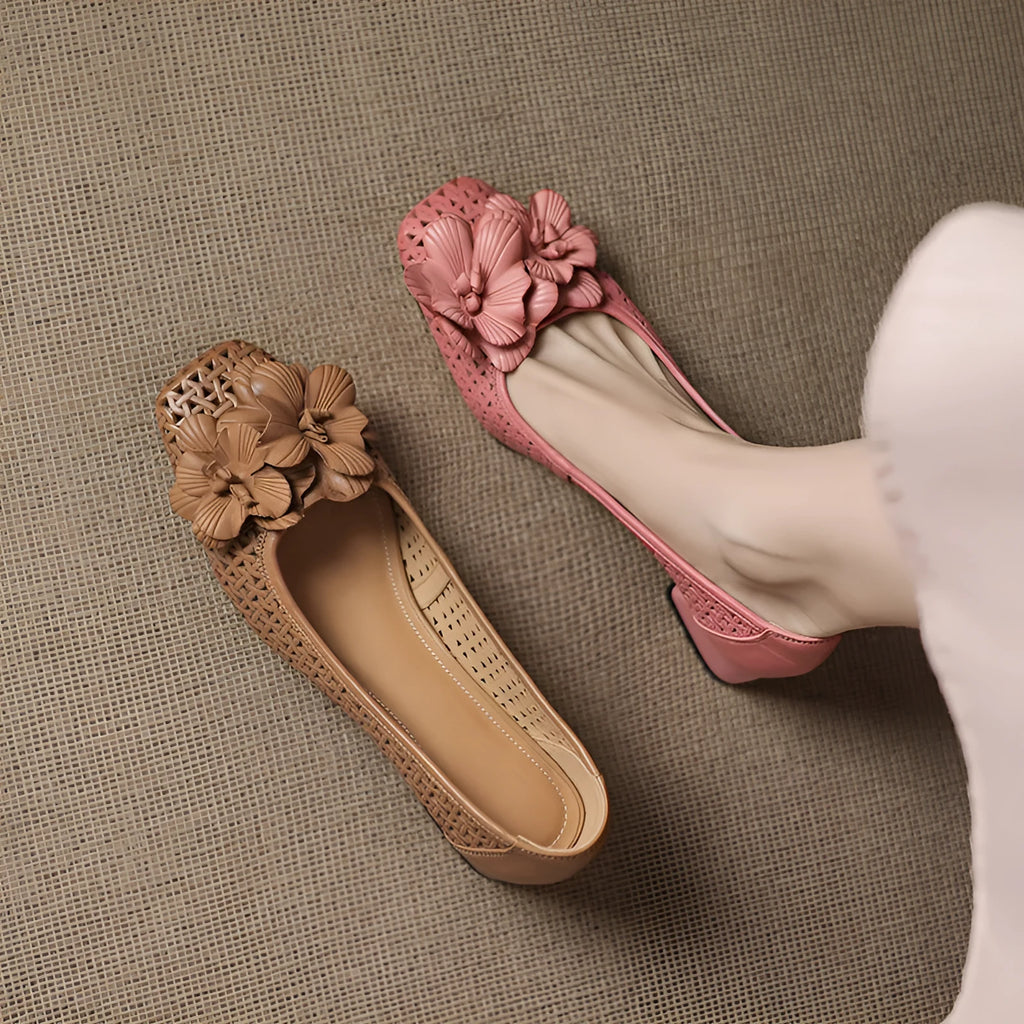 Women's light brown leather pump shoes with hollow weave design and mid heel