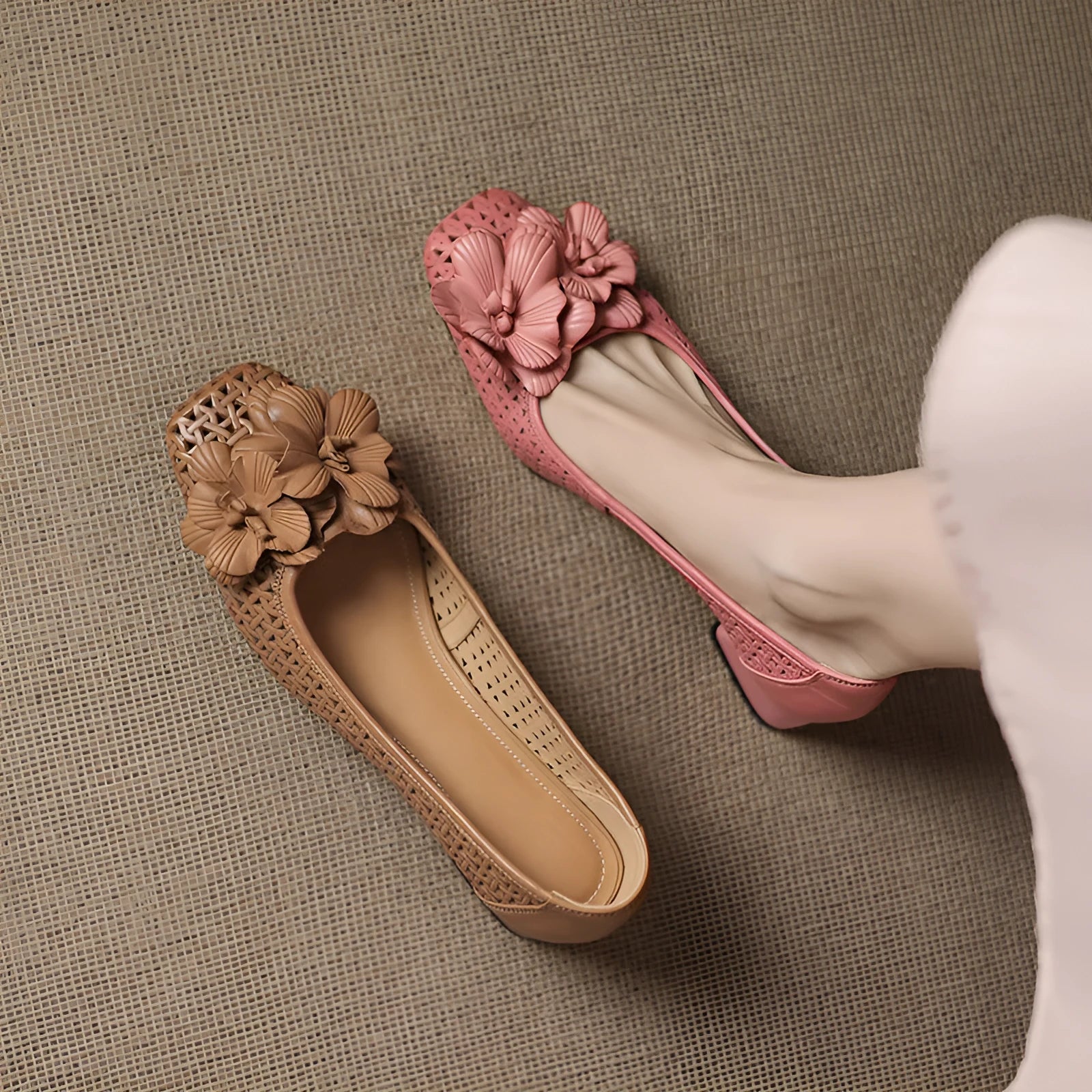 Women's light brown leather pump shoes with hollow weave design and mid heel