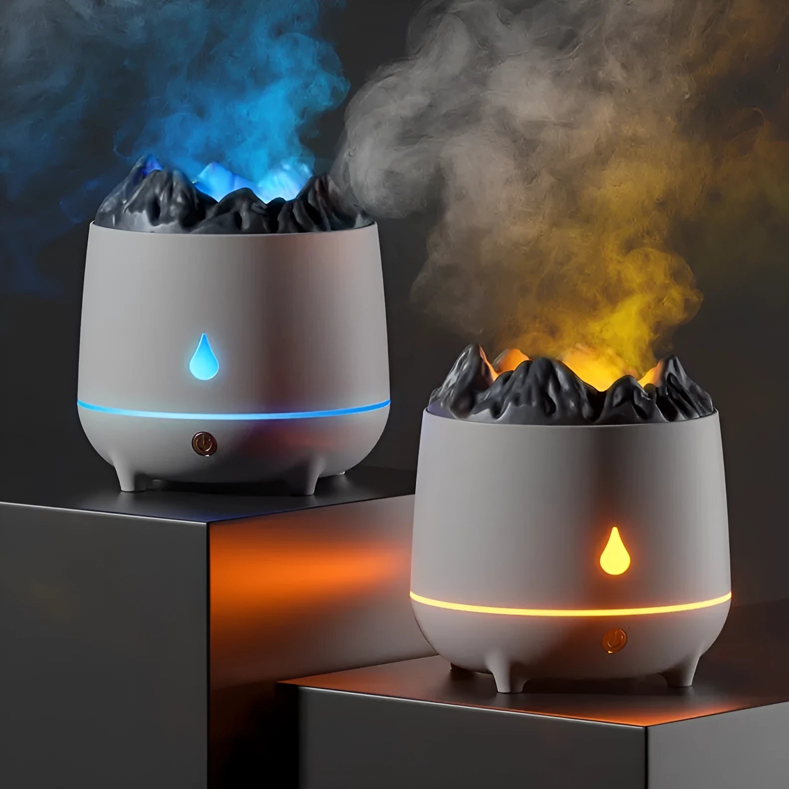 White volcano-shaped ultrasonic humidifier with USB cable on a wooden desk.