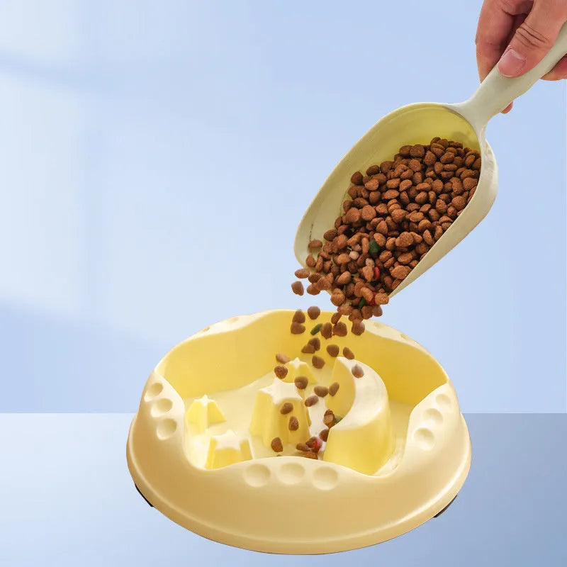 Large pet slow feeder bowl with moon and star obstacles inside, shown in blue colour.
