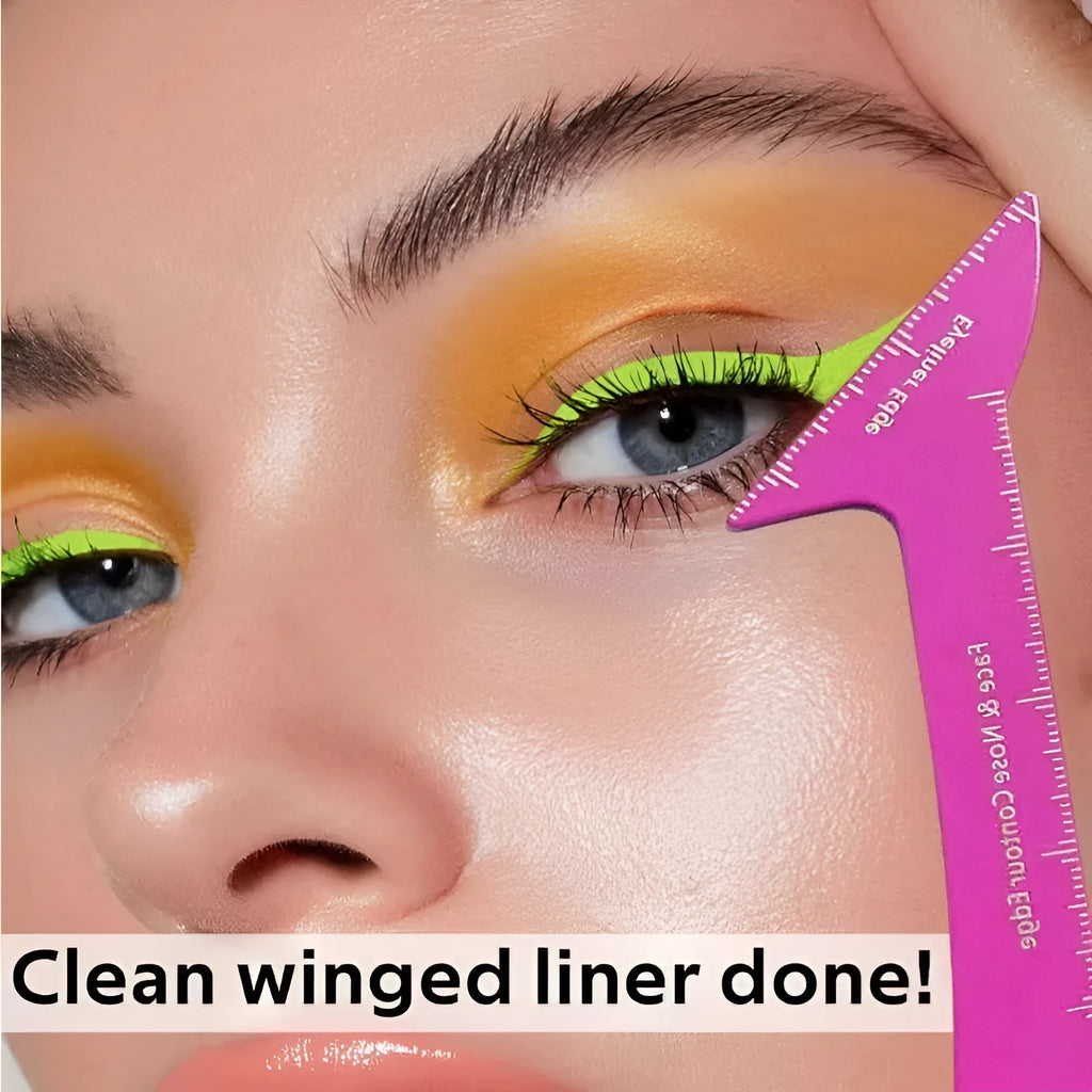 3-in-1 reusable eyeliner stencil tool for hooded eyes showing winged eyeliner, eyebrow, and contour templates