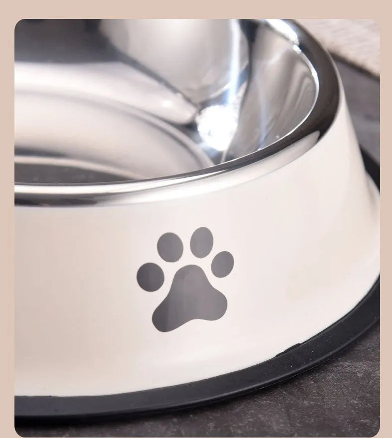 Non-slip stainless steel pet bowl in gray on a floor, size 22cm