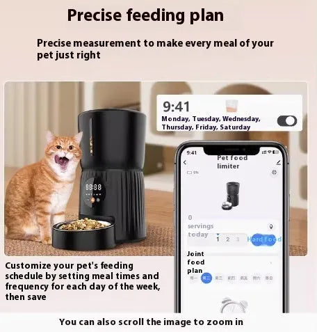 Black and white intelligent pet feeder with automatic timing and quantitative remote control via smartphone app