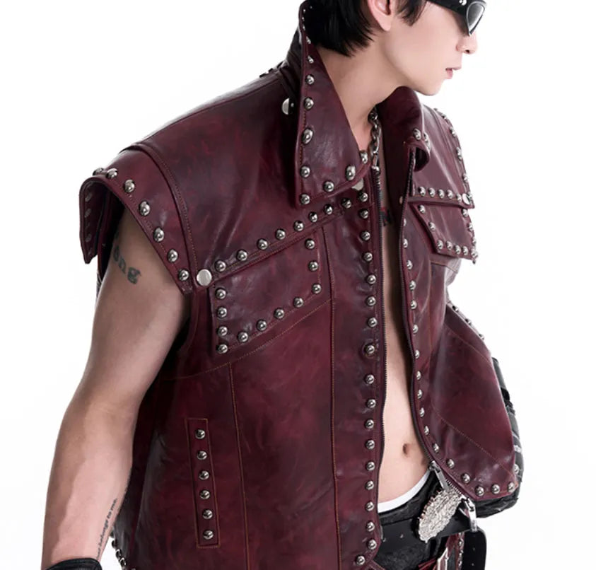 Red leather rivets vest coat with lapel collar and matching pants, Korean-style heavy industry design for men