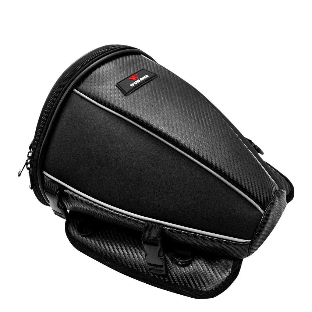 Black motorcycle seat bag with reflective strips, showing multiple pockets and an adjustable shoulder strap.