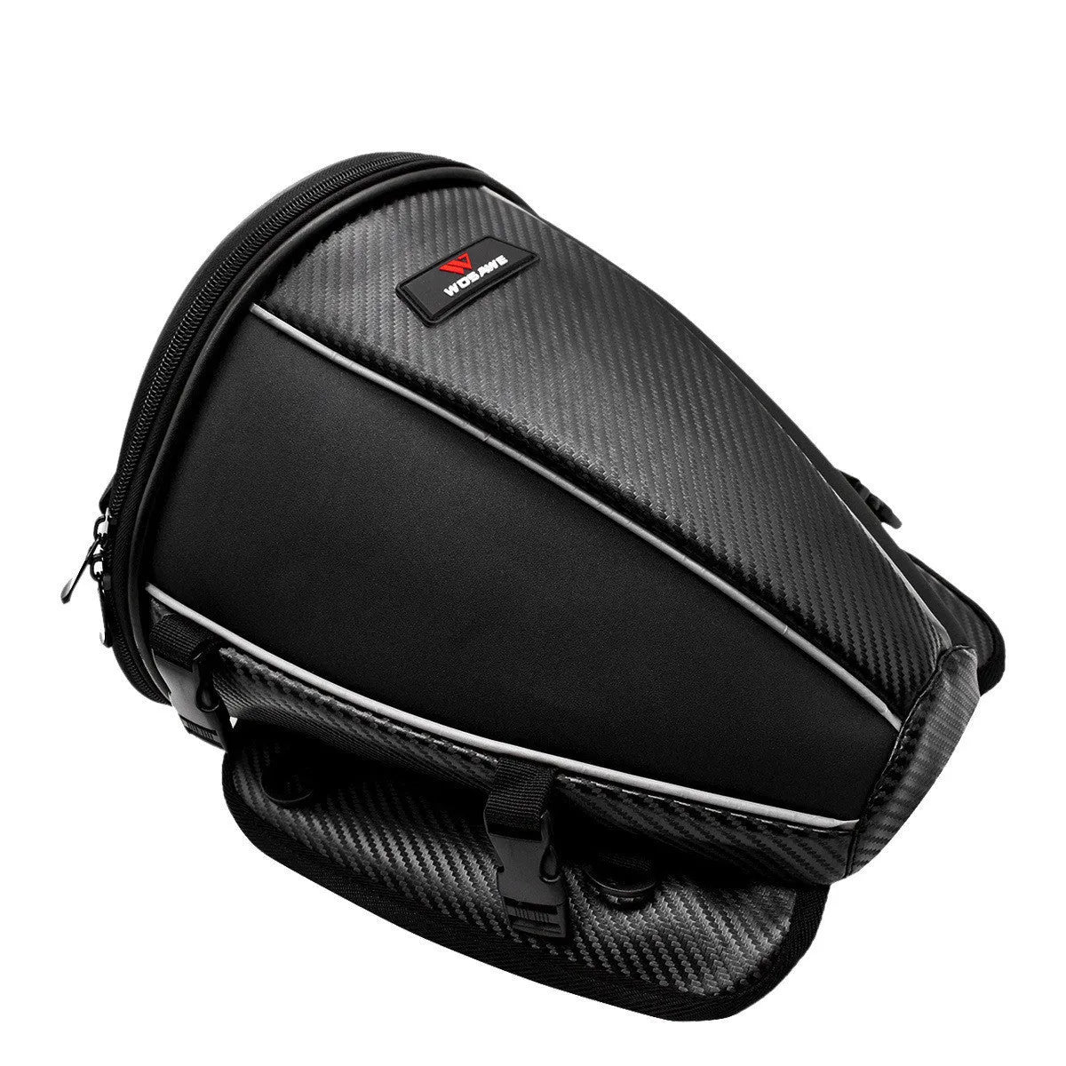 Black motorcycle seat bag with reflective strips, showing multiple pockets and an adjustable shoulder strap.